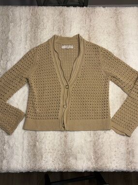 LOFT Beige brown tan taupe summer sweater medium Open-Weave Button Cardigan